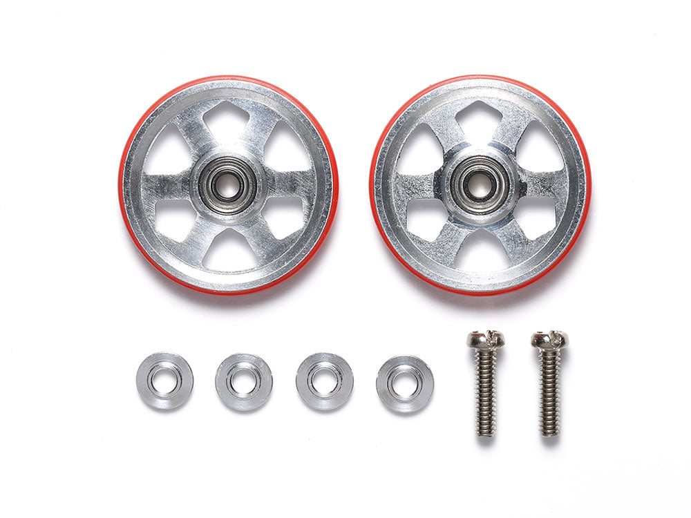 Tamiya 1/32 Mini 4WD Parts Aluminum Ball-Race Rollers (19mm, 6-Spokes) with Plastic Rings (Red)