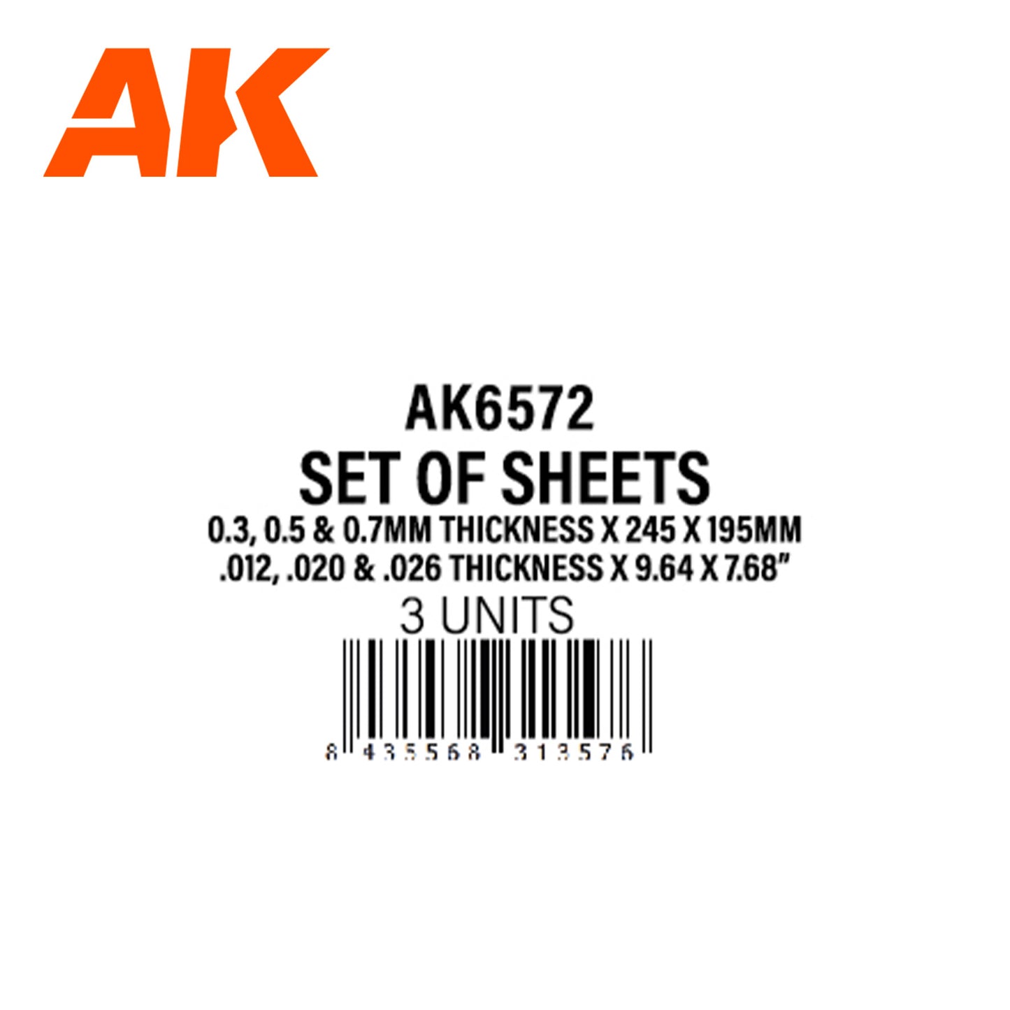 AK Interactive Styrene Sheets Set - 0.3, 0.5 & 0.7 mm 245 x 195mm